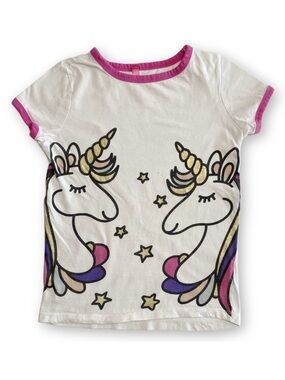 desiree Girls 7/8 White Pink Glitter Unicorns Stars Graphic Short Sleeve T-Shirt